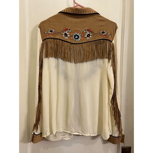 John Moon Cream Embroidered Fringe Snap Button Western Shirt  Women's Size Large - Picture 6 of 9